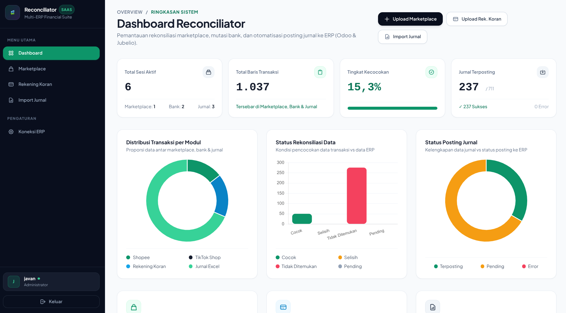 Reconciliator Dashboard Interface